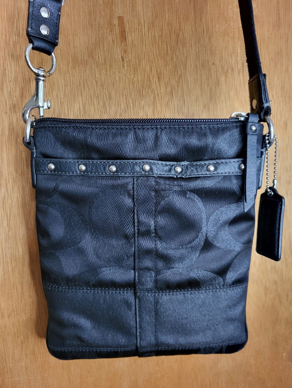 Coach Black Signature Stripe Studded Shimmer File Crossbody Bag